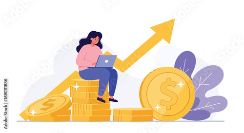 Woman Working on Laptop with Growing Money Graph.