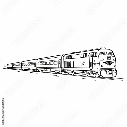 Black and white line drawing of a passenger train with multiple cars moving along tracks.
