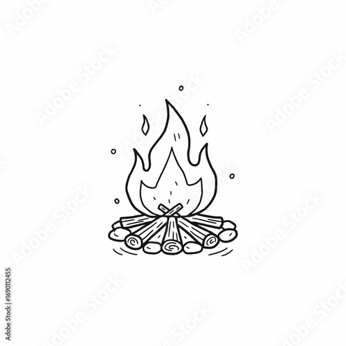 A simple black and white illustration of a campfire burning brightly.