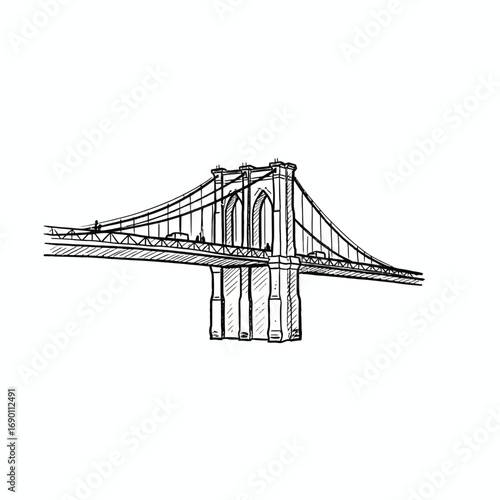 A detailed black and white sketch of the iconic Brooklyn Bridge, showcasing its architectural structure.