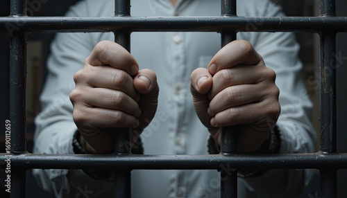 Desperate hands gripping cold prison bars, symbolizing confinement, loss of freedom, and the weight of consequence, evoking powerful emotions of regret and hope for redemption.