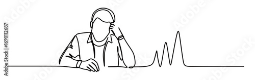 continuous line art of a male office worker holding his head with his hand and a graphic beside him. vector illustration