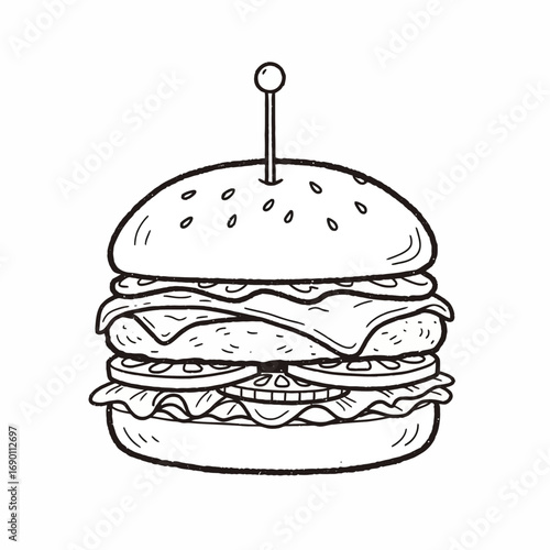A hand-drawn illustration of a double cheeseburger with toppings.