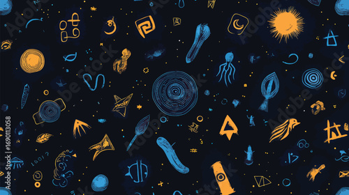 Whimsical symbols and illustrations adorn a dark starry background
