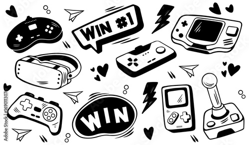 Video game hand drawn doodle set. Video gamer console vector illustration