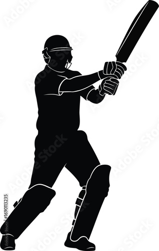 Silhouette of a cricketer in action swinging a bat ready to score runs athlete sport vector