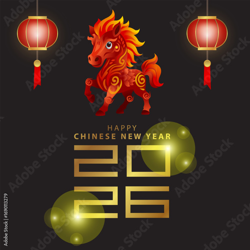 Happy Chinese New Year 2026 greetings with a picture of a horse and 2 lanterns