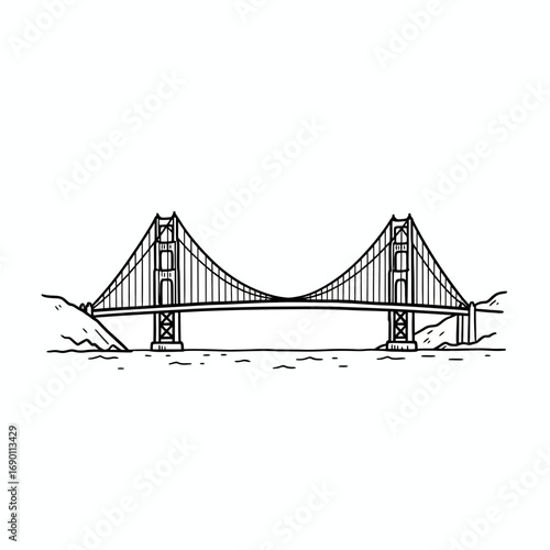A black and white line drawing of a suspension bridge spanning water, with land on either side.