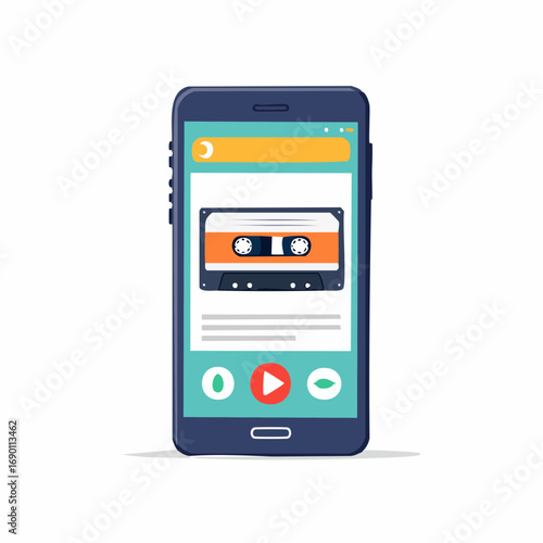 A modern smartphone displays a music player application with a retro audio cassette tape on its screen, blending old and new technology.