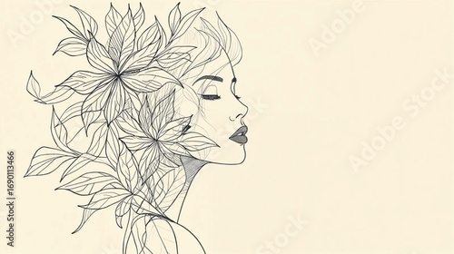 Minimalist line drawing of female portrait merging with floral leaves, contemporary vector art. Ai Generate 