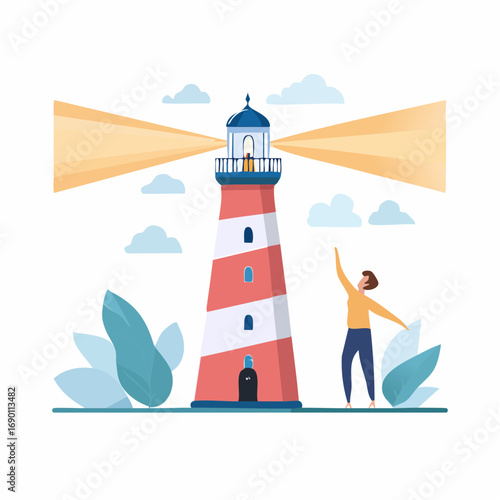 A person stands near a tall lighthouse with a bright beam of light shining out.
