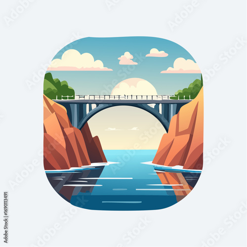 Scenic bridge spanning a calm river between rocky cliffs.