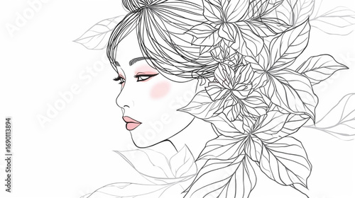 Minimalist line drawing of female portrait merging with floral leaves, contemporary vector art. Ai Generate 