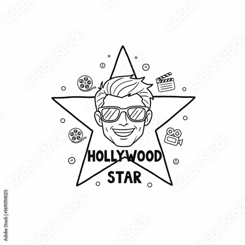 Illustration of a smiling man's face with sunglasses inside a star, surrounded by movie-related icons and the text "HOLLYWOOD STAR".