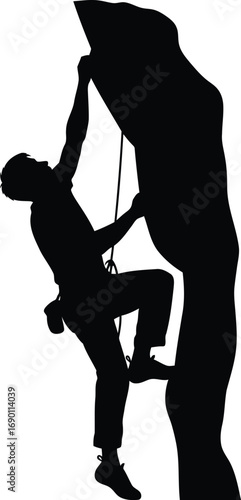 Silhouette of a determined rock climber scaling a steep mountain face reaching for the summit adventure sport activity vector
