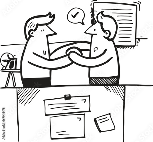 Two People Shaking Hands Across a Desk – Business Meeting and Professional Agreement