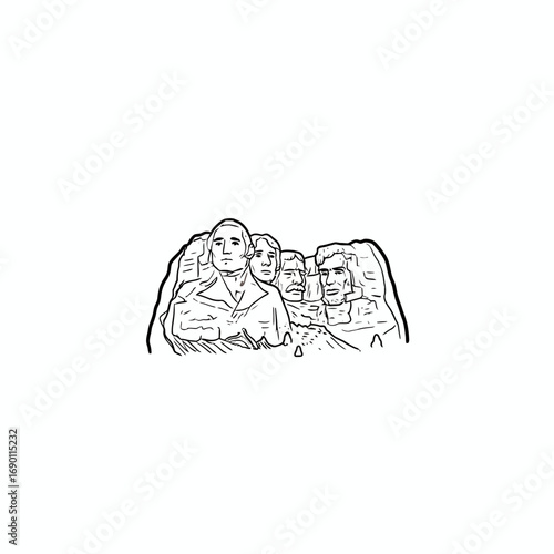A simple line drawing depicts Mount Rushmore's presidential faces.