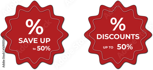 Two red starburst labels advertising Save Up to 50%  and Discounts Up to 50%