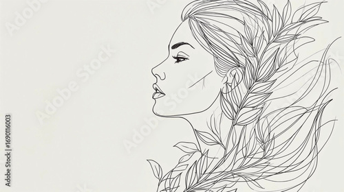 Minimalist line drawing of female portrait merging with floral leaves, contemporary vector art. Ai Generate 