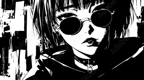 クールな女性キャラクターのモノクロイラスト