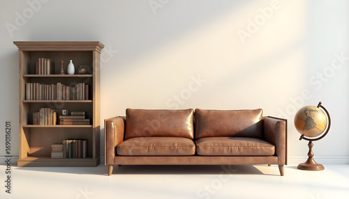 Cozy Living Room with Brown Leather Sofa, Bookshelf, and Globe