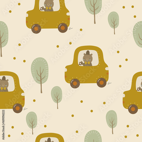 Seamless pattern with a bear in a yellow car, tree. Digital paper, for surface design, kids clothing, print