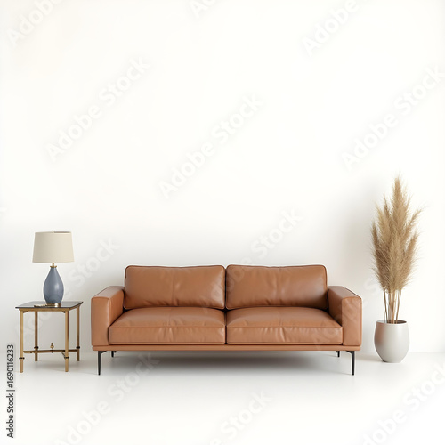 Modern Living Room Interior Design with Brown Leather Sofa