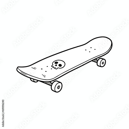 Simple black and white illustration of a skateboard with a skull graphic.