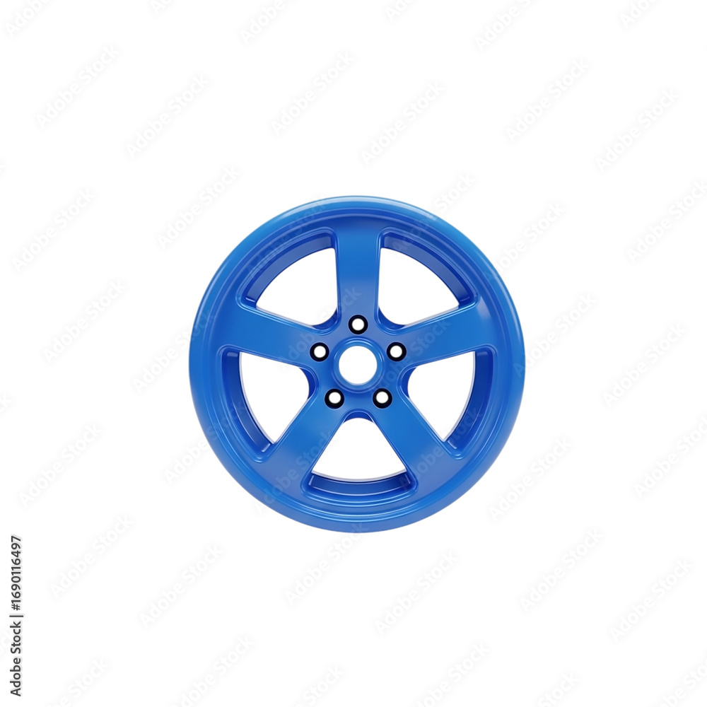 Obraz premium Bright blue alloy car wheel with five spoke design isolated on black transparent background