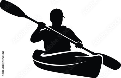 Silhouette kayaker paddling energetically on open water adventure summer outdoor activity vector