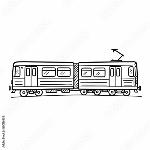 A simple black and white illustration of a subway train, depicting two connected carriages.