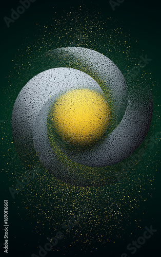 Celestial Embrace
A vibrant yellow sphere, glowing with a textured, pointillist-like surface, is the focal point of this cosmic artwork. Two large, speckled, grey shapes
