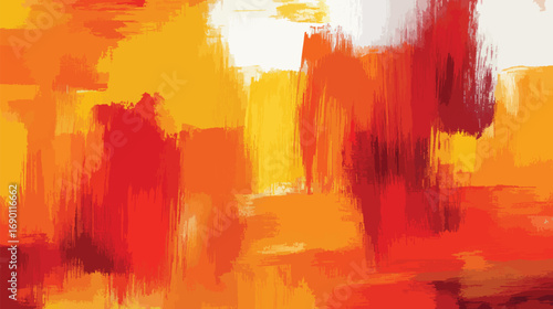 Abstract painting with bold strokes of red orange and yellow