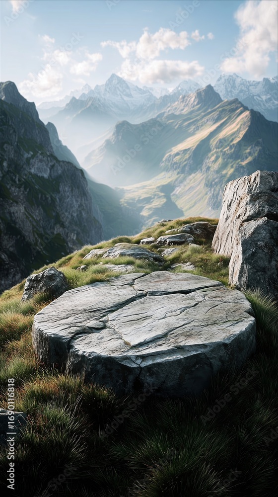 Obraz premium Majestic mountain landscape with round stone platform on grassy cliff, dramatic alpine peaks and valley view 