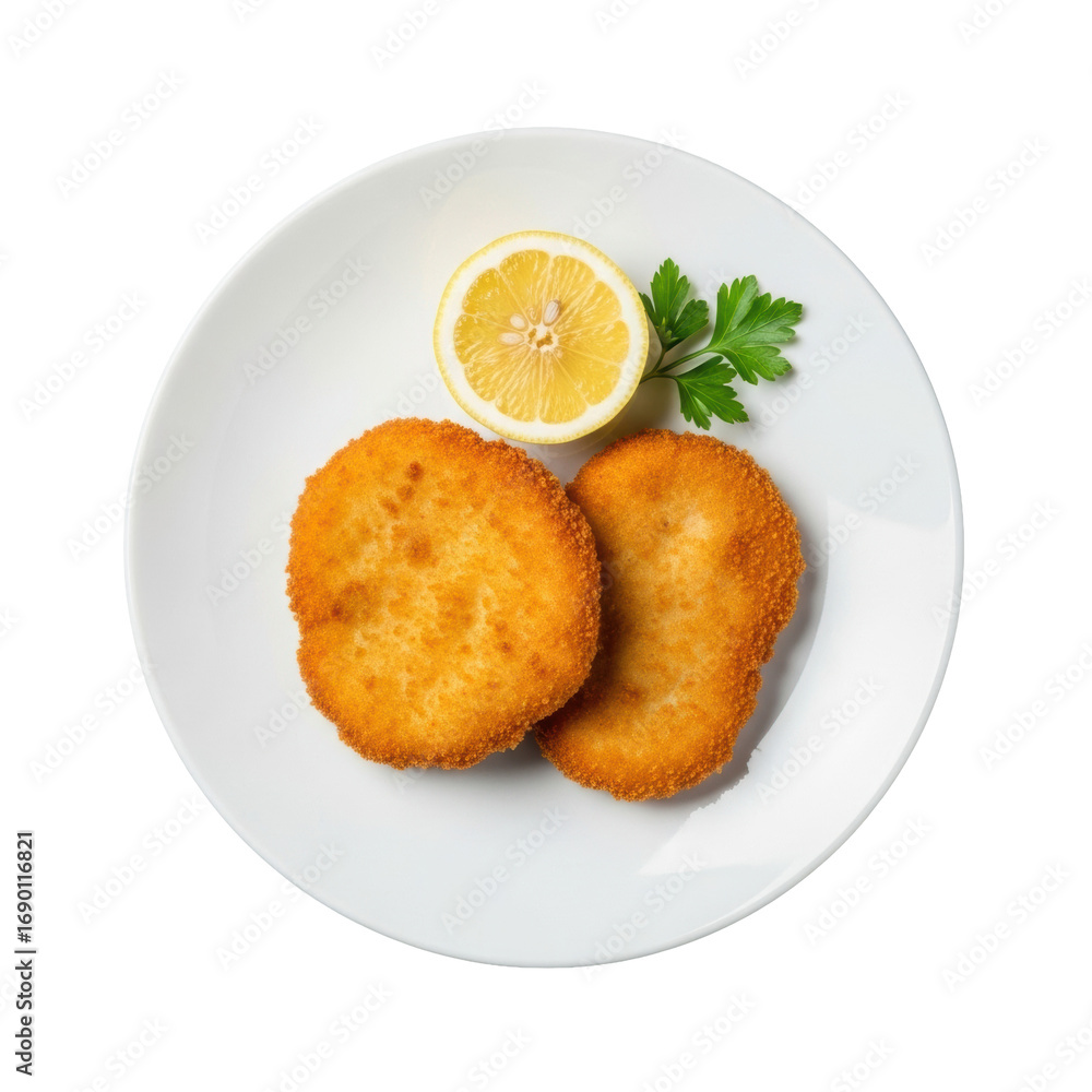 Two perfectly fried, golden-crisp pork schnitzel fillets with lemon and parsley on a white plate, isolated on a transparent background, 45-degree overhead, soft studio lighting, concept for high-end