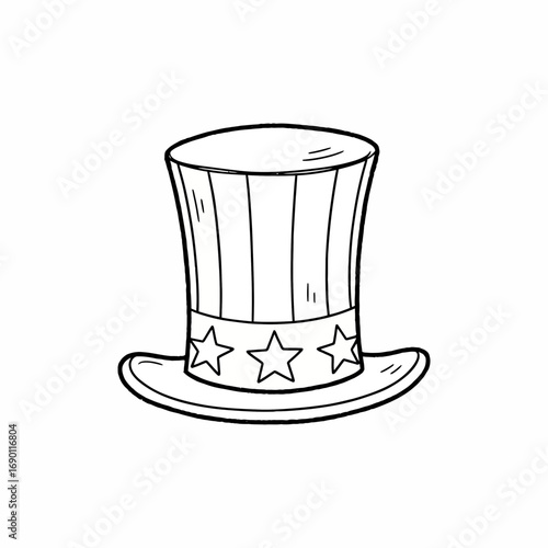 A hand-drawn illustration of a classic Uncle Sam top hat, featuring stripes and stars.