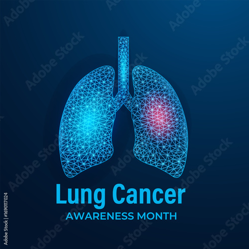 Lung Cancer Awareness Month in November highlights prevention, early detection, treatment, and support for those affected. Blue low poly organ lungs. Healthcare and medicine concept poster design.