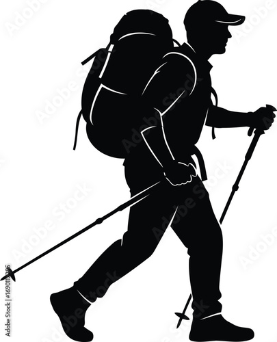 Silhouette hiker with backpack and poles trekking outdoors adventure journey vector