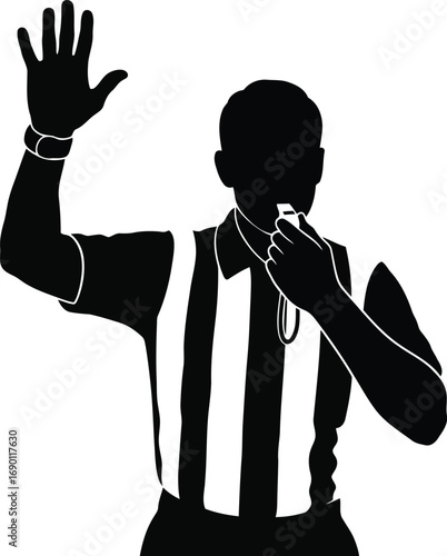 Silhouette of a referee signaling a foul or violation blowing whistle in sport competition vector