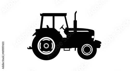 Simple black silhouette of a farm tractor, side profile view vector icon for agriculture.
