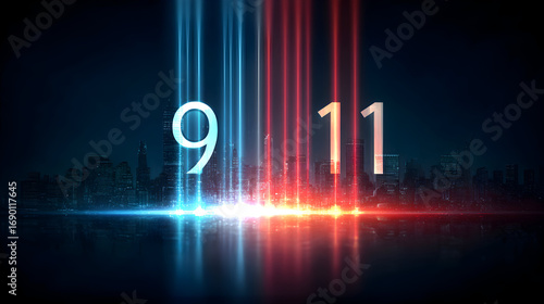 Tribute to 9/11 Memorial with City Skyline Illuminated by Red and Blue Lights Symbolizing Remembrance