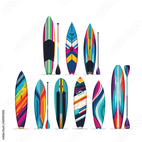 Vibrant collection of stand up paddleboards with paddles ready for ocean adventures