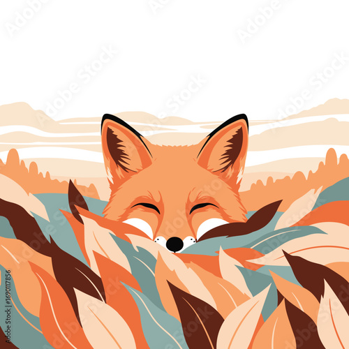 A whimsical woodland creature peeking through autumn foliage with gentle eyes