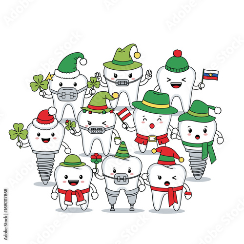 A collection of adorable cartoon teeth celebrating various holidays and traditions around the world