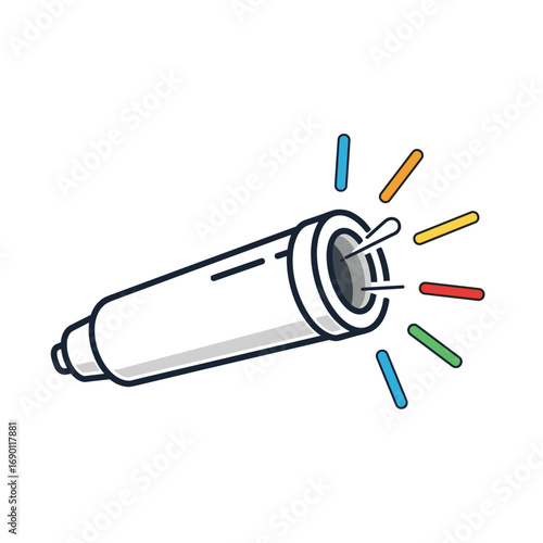 Illustrative vector icon of a telescopic lens with colorful rays emanating outward