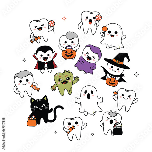 Cute cartoon halloween teeth and spooky characters celebrating the holiday together