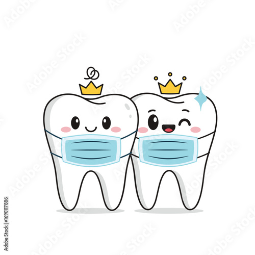 Two adorable cartoon teeth wearing face masks and golden crowns smiling happily together