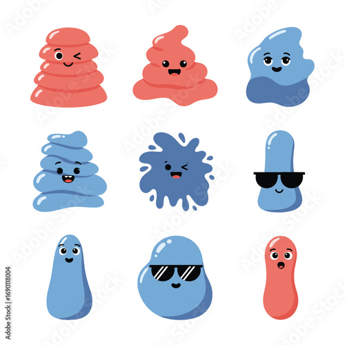 Cute cartoon blob characters with funny faces and winking expressions for playful designs