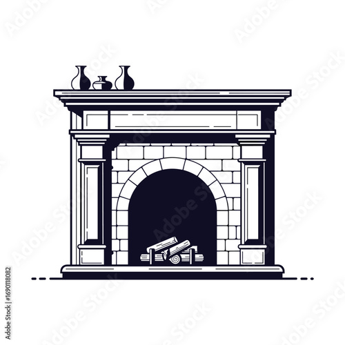 A classic stone fireplace design with an elegant mantelpiece and decorative vases