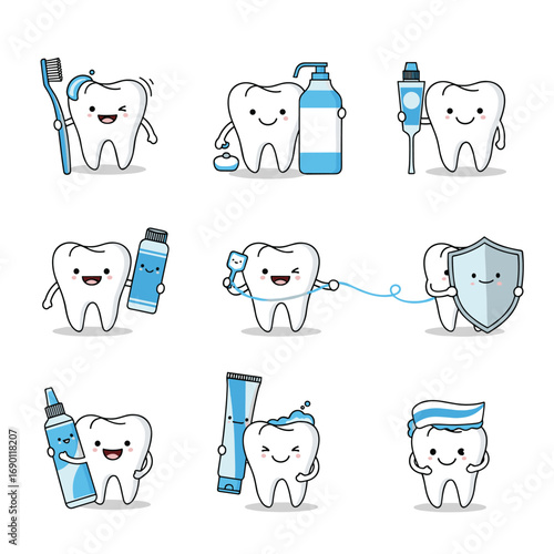 Cute cartoon teeth characters showing good oral hygiene habits and products for healthy smiles